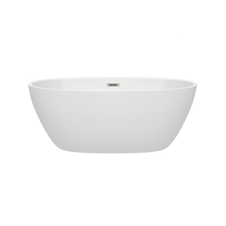 Juno 59 Inch Freestanding Bathtub in White with Brushed Nickel Drain and Overflow Trim