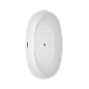 Juno 59 Inch Freestanding Bathtub in White with Floor Mounted Faucet Drain and Overflow Trim in Brushed Nickel