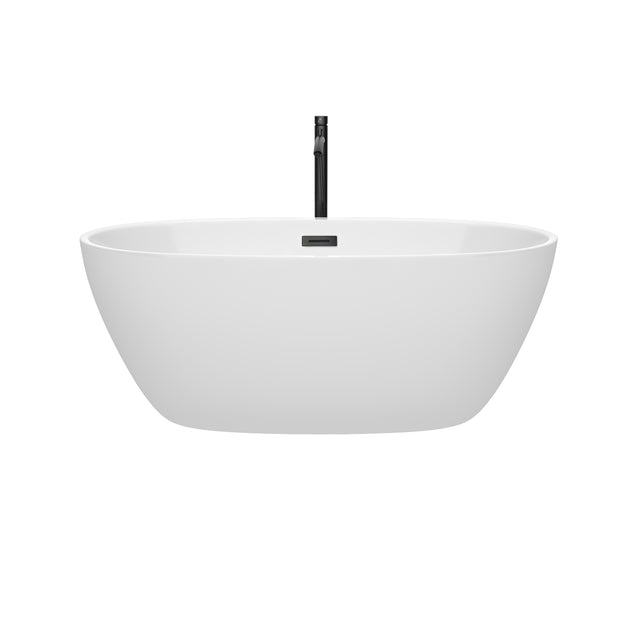 Juno 59 Inch Freestanding Bathtub in White with Floor Mounted Faucet Drain and Overflow Trim in Matte Black