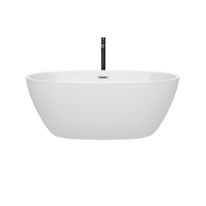 Juno 59 Inch Freestanding Bathtub in White with Polished Chrome Trim and Floor Mounted Faucet in Matte Black