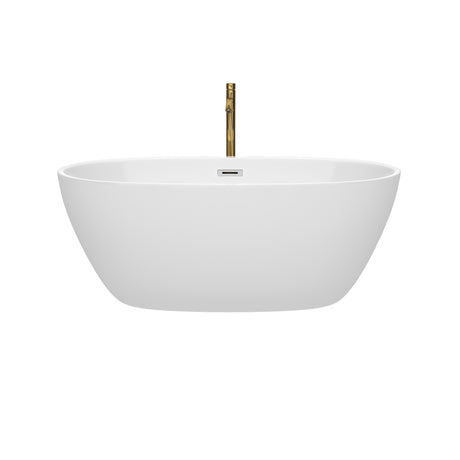 Juno 59 Inch Freestanding Bathtub in White with Polished Chrome Trim and Floor Mounted Faucet in Brushed Gold