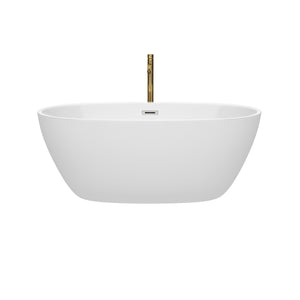 Juno 59 Inch Freestanding Bathtub in White with Polished Chrome Trim and Floor Mounted Faucet in Brushed Gold