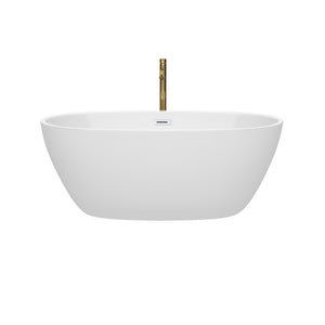 Juno 59 Inch Freestanding Bathtub in White with Shiny White Trim and Floor Mounted Faucet in Brushed Gold