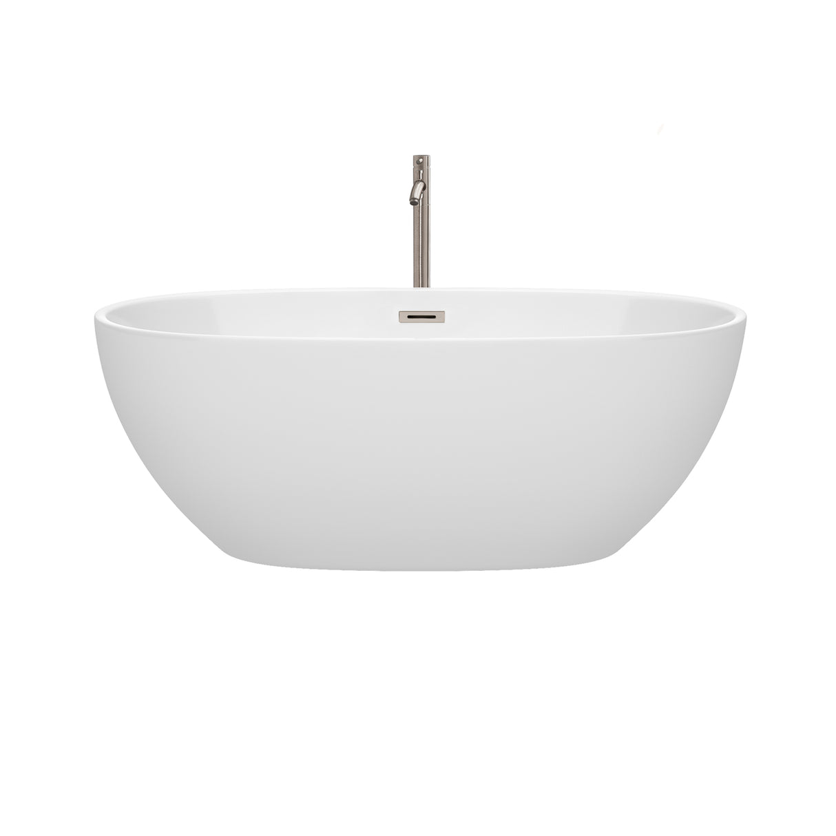 Juno 63 Inch Freestanding Bathtub in White with Floor Mounted Faucet Drain and Overflow Trim in Brushed Nickel