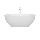 Juno 63 Inch Freestanding Bathtub in White with Floor Mounted Faucet Drain and Overflow Trim in Brushed Nickel