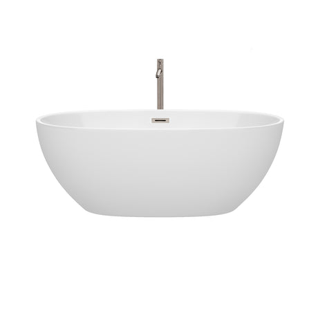 Juno 63 Inch Freestanding Bathtub in White with Floor Mounted Faucet Drain and Overflow Trim in Brushed Nickel