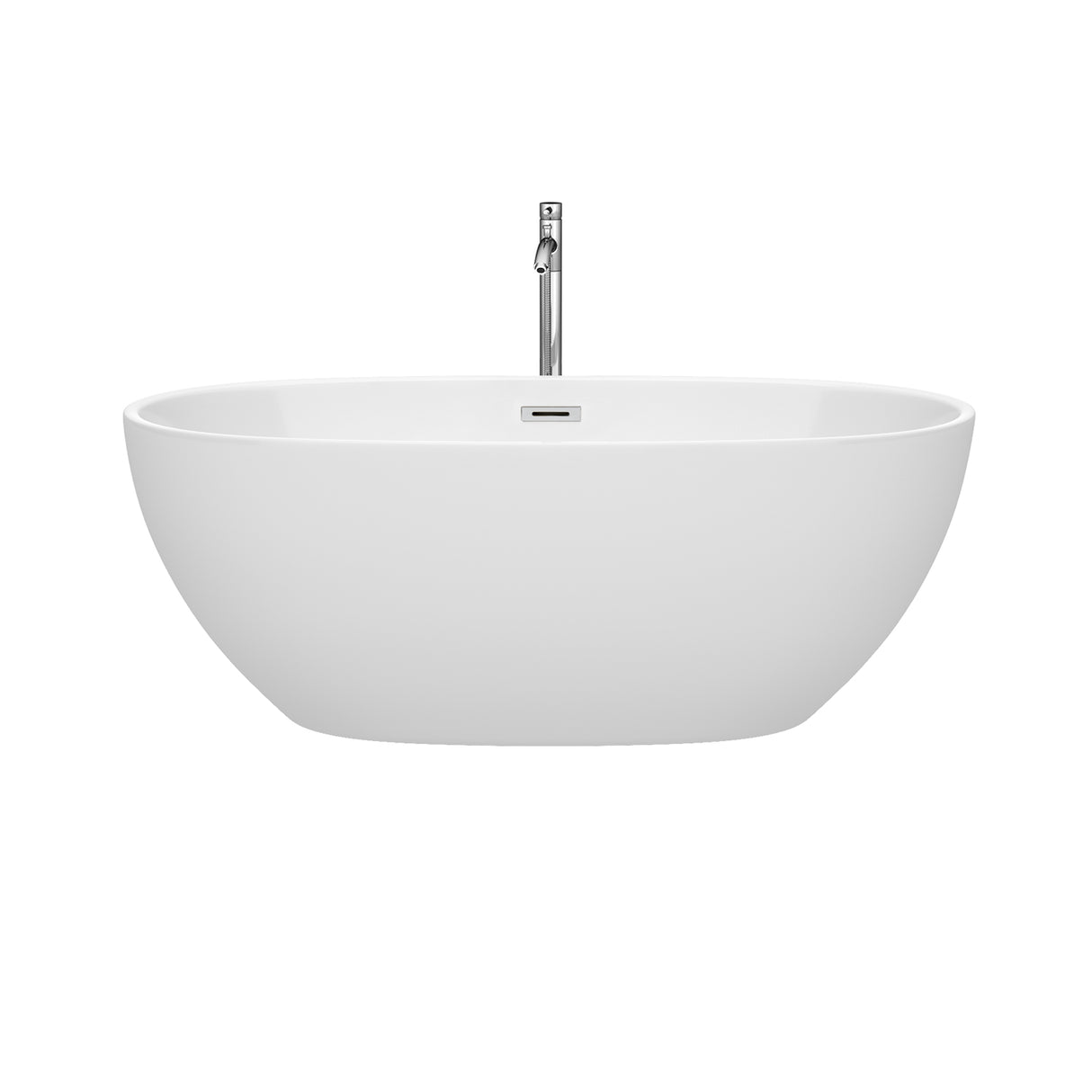 Juno 63 Inch Freestanding Bathtub in White with Floor Mounted Faucet Drain and Overflow Trim in Polished Chrome