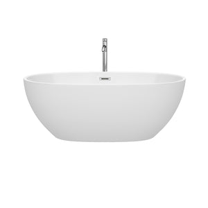 Juno 63 Inch Freestanding Bathtub in White with Floor Mounted Faucet Drain and Overflow Trim in Polished Chrome