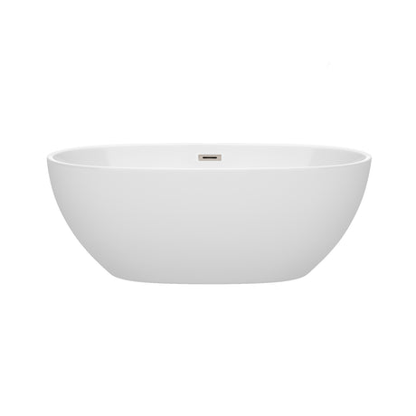 Juno 63 Inch Freestanding Bathtub in White with Brushed Nickel Drain and Overflow Trim