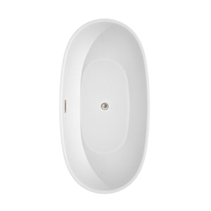 Juno 63 Inch Freestanding Bathtub in White with Floor Mounted Faucet Drain and Overflow Trim in Brushed Nickel