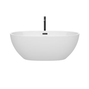 Juno 63 Inch Freestanding Bathtub in White with Floor Mounted Faucet Drain and Overflow Trim in Matte Black
