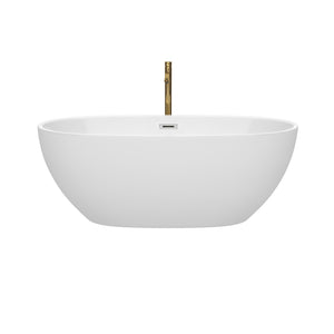 Juno 63 Inch Freestanding Bathtub in White with Polished Chrome Trim and Floor Mounted Faucet in Brushed Gold