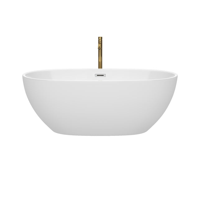 Juno 63 Inch Freestanding Bathtub in White with Polished Chrome Trim and Floor Mounted Faucet in Brushed Gold