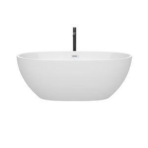 Juno 63 Inch Freestanding Bathtub in White with Shiny White Trim and Floor Mounted Faucet in Matte Black