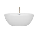 Juno 63 Inch Freestanding Bathtub in White with Shiny White Trim and Floor Mounted Faucet in Brushed Gold