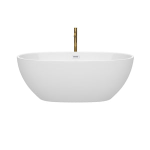 Juno 63 Inch Freestanding Bathtub in White with Shiny White Trim and Floor Mounted Faucet in Brushed Gold