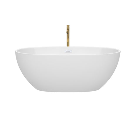 Juno 63 Inch Freestanding Bathtub in White with Shiny White Trim and Floor Mounted Faucet in Brushed Gold