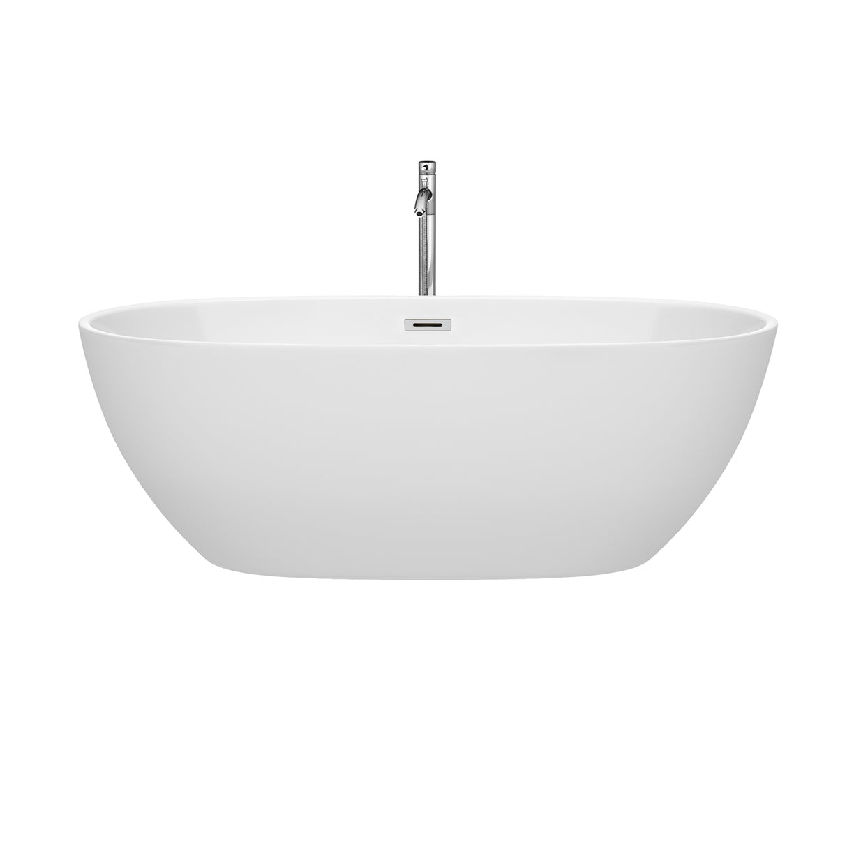 Juno 67 Inch Freestanding Bathtub in White with Floor Mounted Faucet Drain and Overflow Trim in Polished Chrome