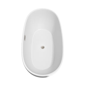 Juno 67 Inch Freestanding Bathtub in White with Floor Mounted Faucet Drain and Overflow Trim in Brushed Nickel
