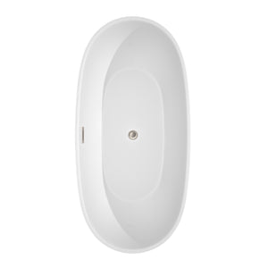 Juno 67 Inch Freestanding Bathtub in White with Floor Mounted Faucet Drain and Overflow Trim in Brushed Nickel