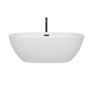 Juno 67 Inch Freestanding Bathtub in White with Floor Mounted Faucet Drain and Overflow Trim in Matte Black