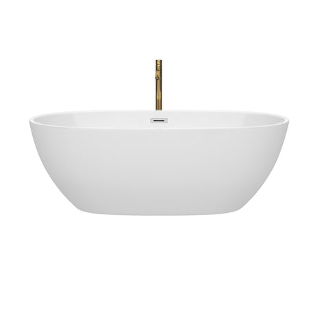 Juno 67 Inch Freestanding Bathtub in White with Polished Chrome Trim and Floor Mounted Faucet in Brushed Gold