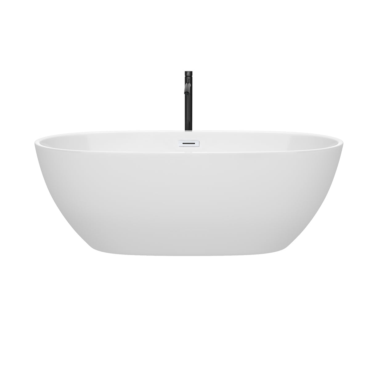 Juno 67 Inch Freestanding Bathtub in White with Shiny White Trim and Floor Mounted Faucet in Matte Black