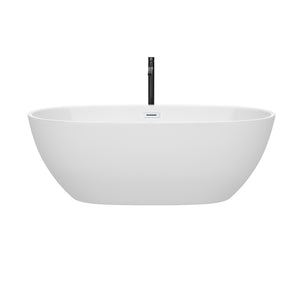 Juno 67 Inch Freestanding Bathtub in White with Shiny White Trim and Floor Mounted Faucet in Matte Black