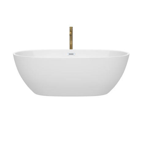 Juno 67 Inch Freestanding Bathtub in White with Shiny White Trim and Floor Mounted Faucet in Brushed Gold
