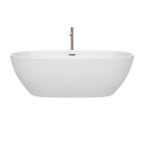 Juno 71 Inch Freestanding Bathtub in White with Floor Mounted Faucet Drain and Overflow Trim in Brushed Nickel