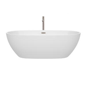 Juno 71 Inch Freestanding Bathtub in White with Floor Mounted Faucet Drain and Overflow Trim in Brushed Nickel
