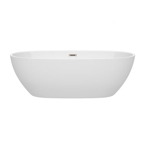 Juno 71 Inch Freestanding Bathtub in White with Brushed Nickel Drain and Overflow Trim