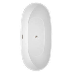 Juno 71 Inch Freestanding Bathtub in White with Floor Mounted Faucet Drain and Overflow Trim in Brushed Nickel