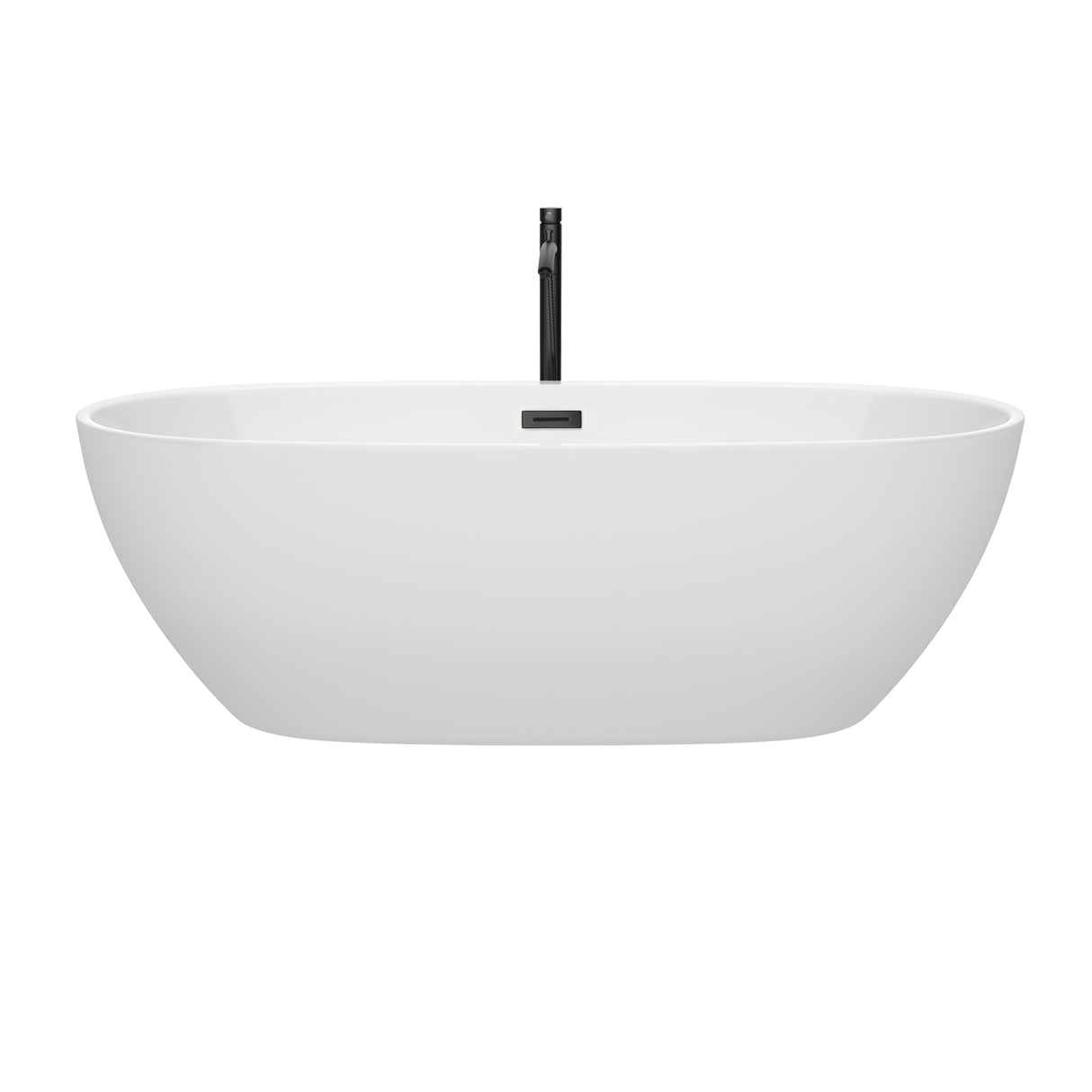 Juno 71 Inch Freestanding Bathtub in White with Floor Mounted Faucet Drain and Overflow Trim in Matte Black