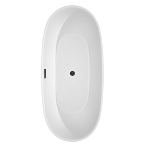 Juno 71 Inch Freestanding Bathtub in White with Floor Mounted Faucet Drain and Overflow Trim in Matte Black