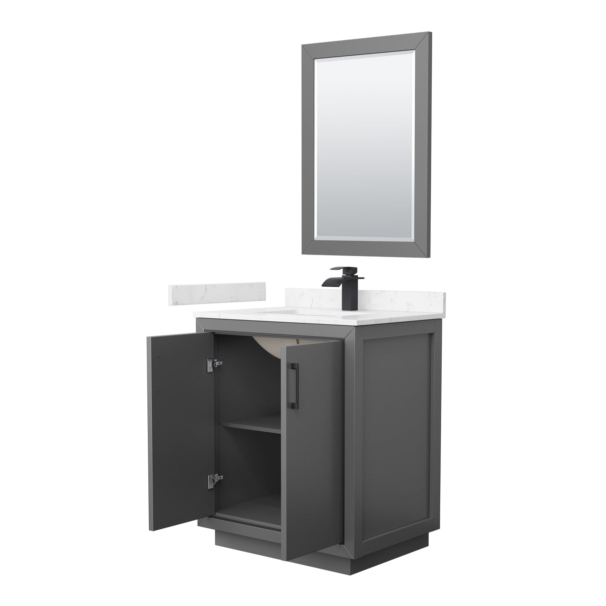 Icon 30 Inch Single Bathroom Vanity in Dark Gray Carrara Cultured Marble Countertop Undermount Square Sink Matte Black Trim 24 Inch Mirror