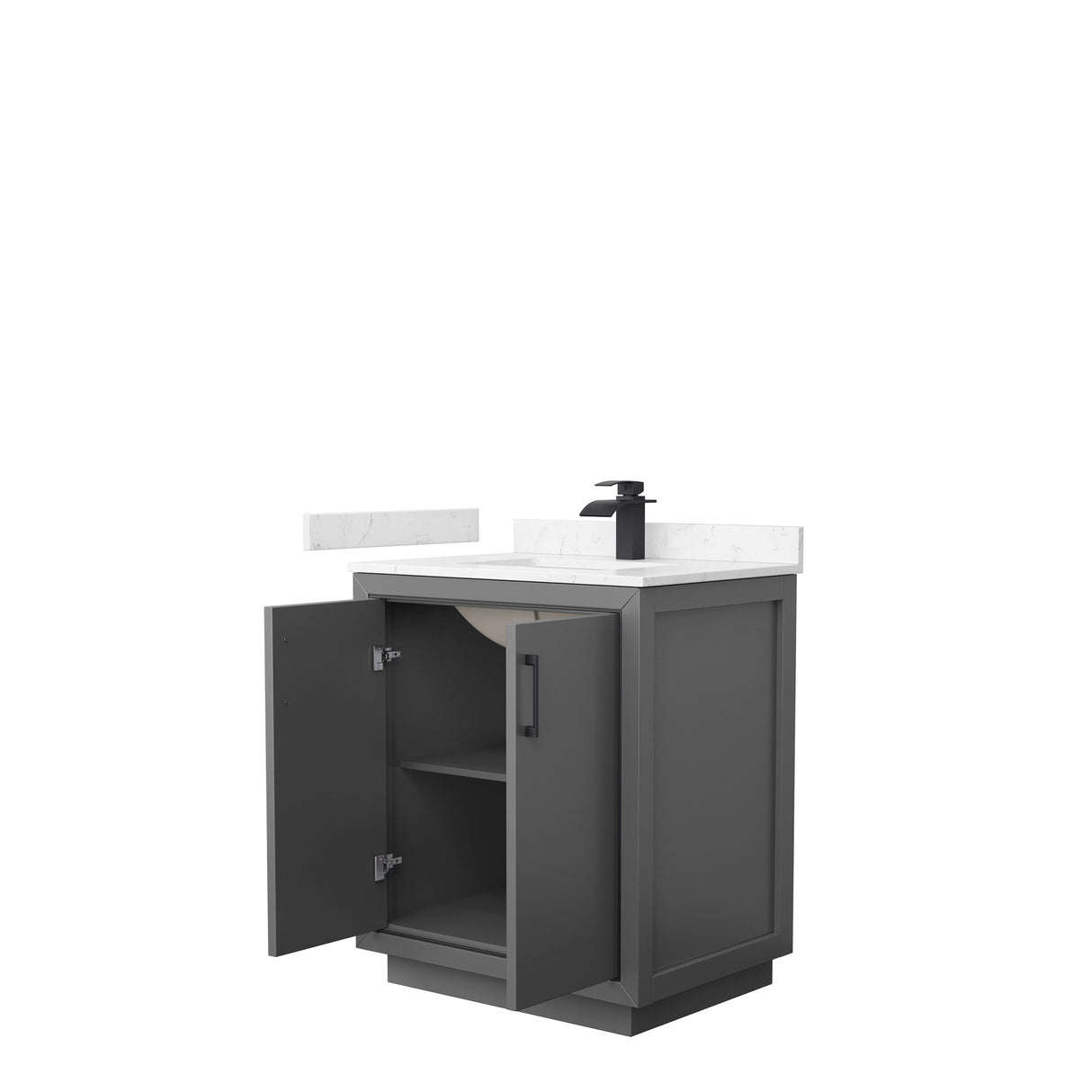 Icon 30 Inch Single Bathroom Vanity in Dark Gray Carrara Cultured Marble Countertop Undermount Square Sink Matte Black Trim