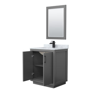 Icon 30 Inch Single Bathroom Vanity in Dark Gray White Carrara Marble Countertop Undermount Square Sink Matte Black Trim 24 Inch Mirror