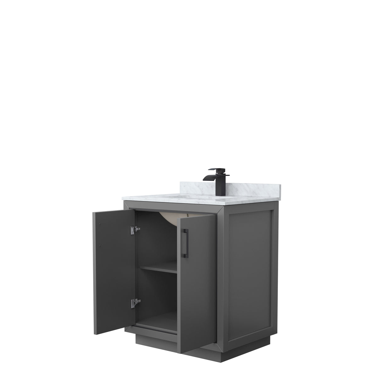 Icon 30 Inch Single Bathroom Vanity in Dark Gray White Carrara Marble Countertop Undermount Square Sink Matte Black Trim