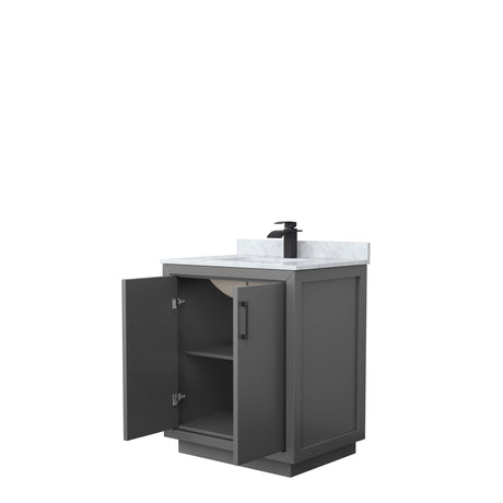 Icon 30 Inch Single Bathroom Vanity in Dark Gray White Carrara Marble Countertop Undermount Square Sink Matte Black Trim