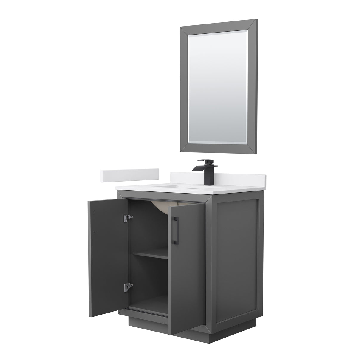 Icon 30 Inch Single Bathroom Vanity in Dark Gray White Cultured Marble Countertop Undermount Square Sink Matte Black Trim 24 Inch Mirror