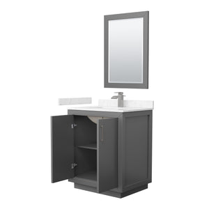 Icon 30 Inch Single Bathroom Vanity in Dark Gray Carrara Cultured Marble Countertop Undermount Square Sink Brushed Nickel Trim 24 Inch Mirror