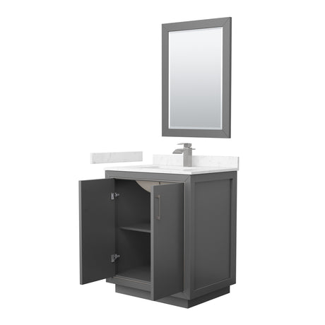 Icon 30 Inch Single Bathroom Vanity in Dark Gray Carrara Cultured Marble Countertop Undermount Square Sink Brushed Nickel Trim 24 Inch Mirror