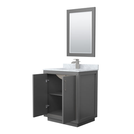 Icon 30 Inch Single Bathroom Vanity in Dark Gray White Carrara Marble Countertop Undermount Square Sink Brushed Nickel Trim 24 Inch Mirror