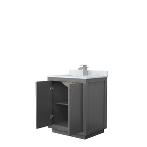Icon 30 Inch Single Bathroom Vanity in Dark Gray White Carrara Marble Countertop Undermount Square Sink Brushed Nickel Trim