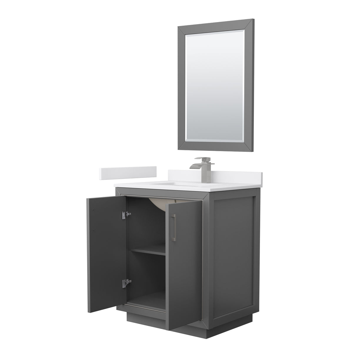 Icon 30 Inch Single Bathroom Vanity in Dark Gray White Cultured Marble Countertop Undermount Square Sink Brushed Nickel Trim 24 Inch Mirror