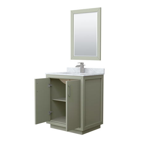 Icon 30 Inch Single Bathroom Vanity in Light Green White Carrara Marble Countertop Undermount Square Sink Brushed Nickel Trim 24 Inch Mirror