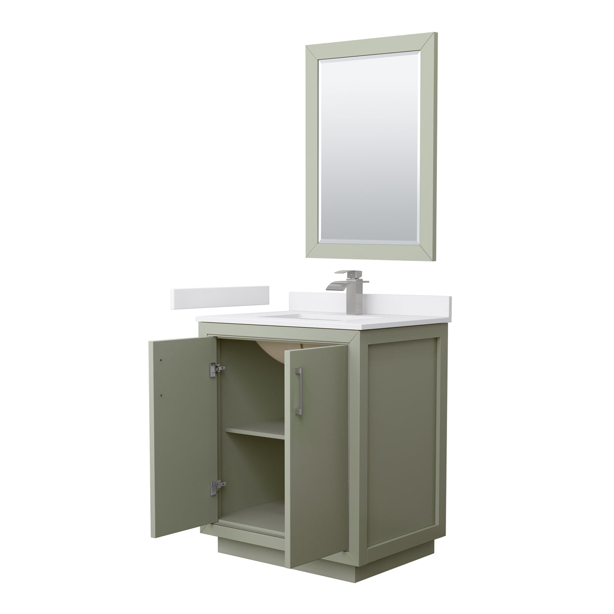 Icon 30 Inch Single Bathroom Vanity in Light Green White Cultured Marble Countertop Undermount Square Sink Brushed Nickel Trim 24 Inch Mirror