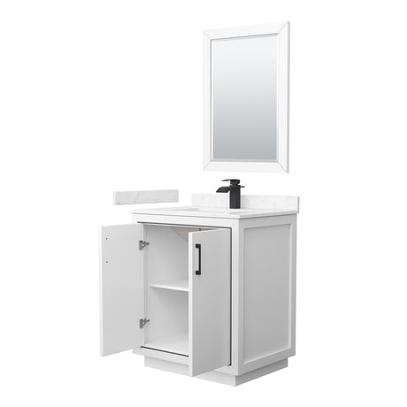 Icon 30 Inch Single Bathroom Vanity in White Carrara Cultured Marble Countertop Undermount Square Sink Matte Black Trim 24 Inch Mirror