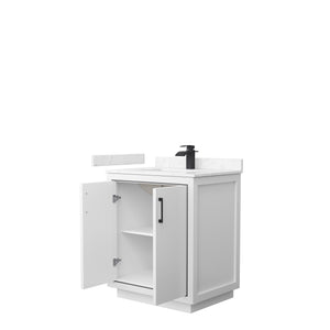 Icon 30 Inch Single Bathroom Vanity in White Carrara Cultured Marble Countertop Undermount Square Sink Matte Black Trim